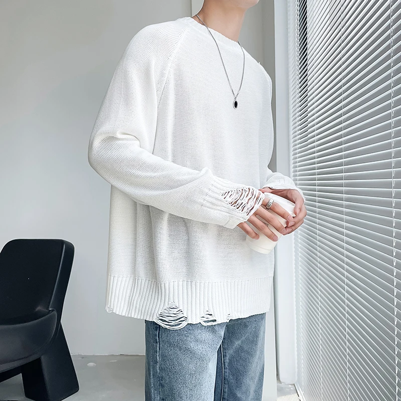 

Autumn New Solid Long Sleeve White Sweaters For Men Clothing 2023 All Match Round Collar Casual Hollow Knit Pullovers Pull Homme