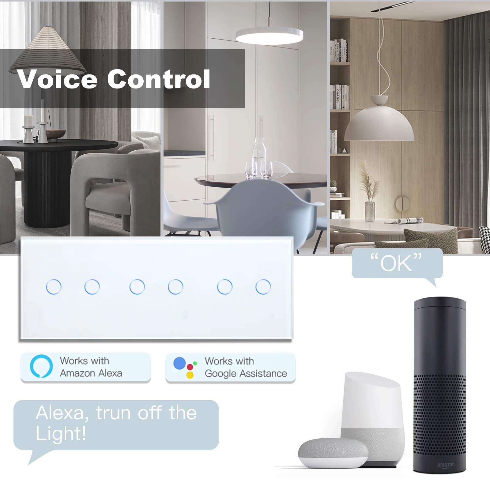 BSEED Light Wall Switch Wifi Glass Switches 6Gang 1/2/3/4Way Touch Switch Blue Backlight Waterproof Smart Life Tuya APP