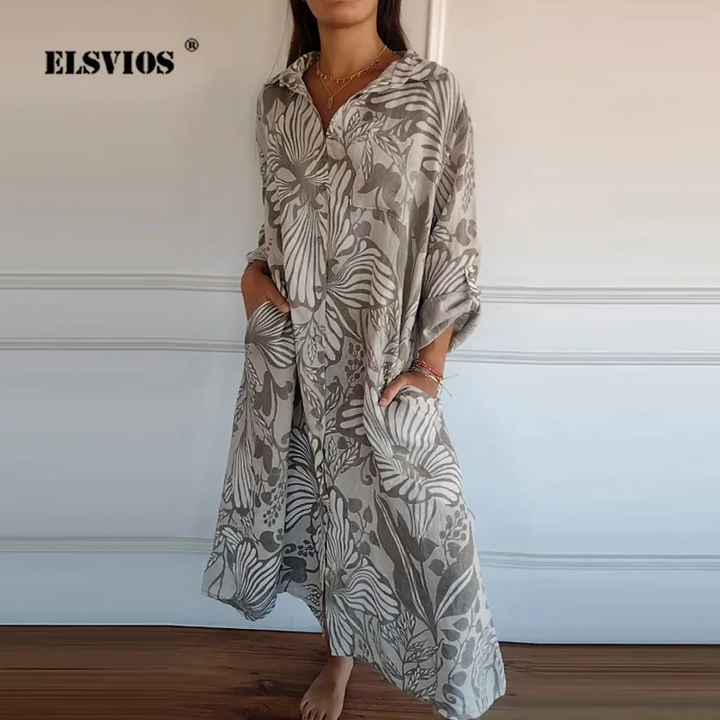 

Summer Autumn Fashion Single Breasted Shirts Dress For Women Printing Casual Long Sleeves Loose Waist Pockets Cardigans Dresses