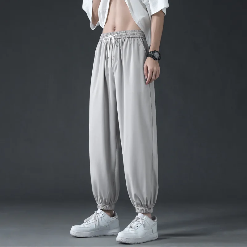 Solid Color Elastic Waist Ice Shreds Men Summer Simplicity Hong Kong Winds Loose Large Size Sagging Sensation Wide Legs Trousers