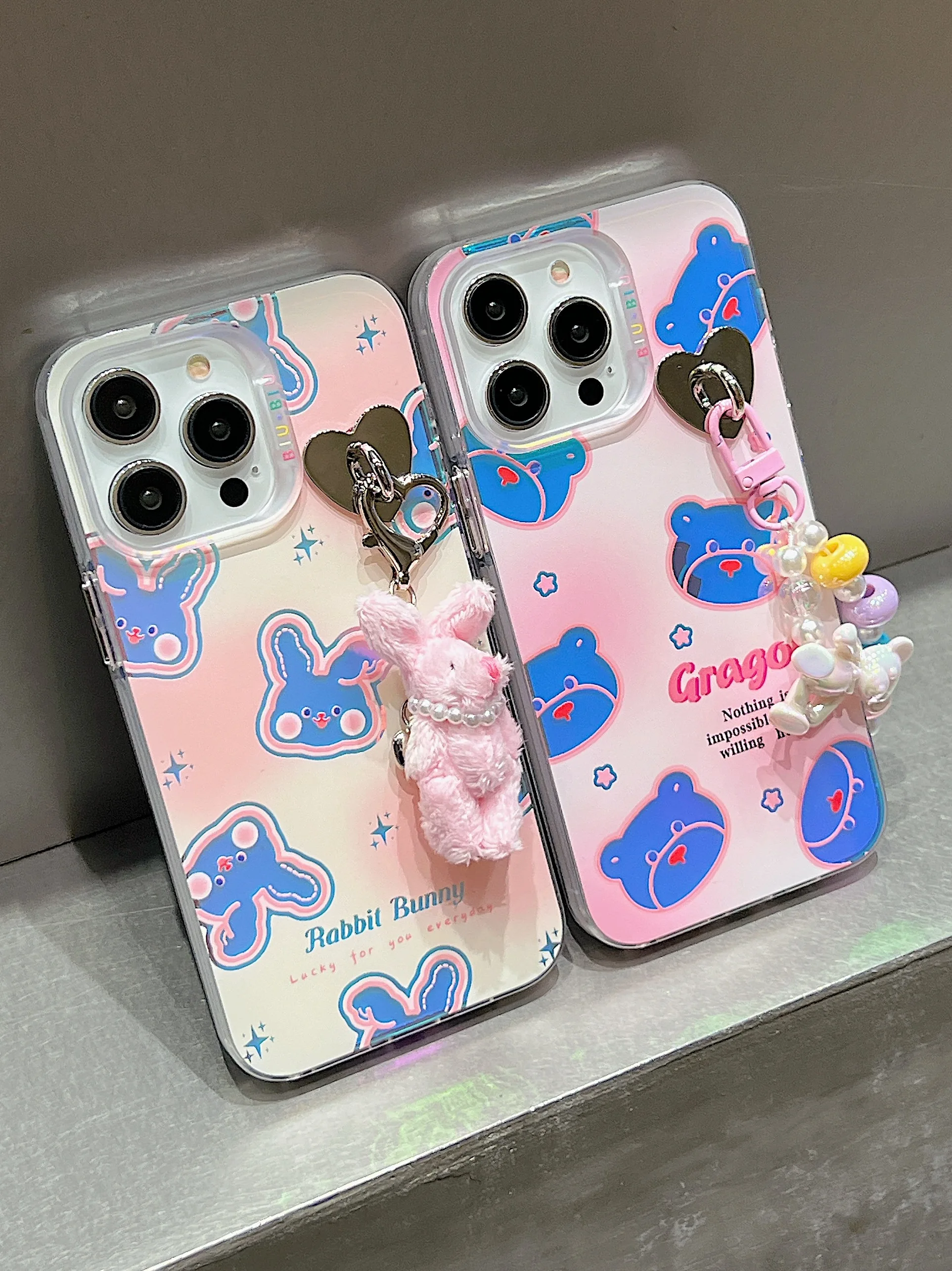 

INS Phone Case for Iphone 13 14 15 Pro Max Colorful Hollow Out Rabbit and Bears Full Coverage Phone Cover with Chain