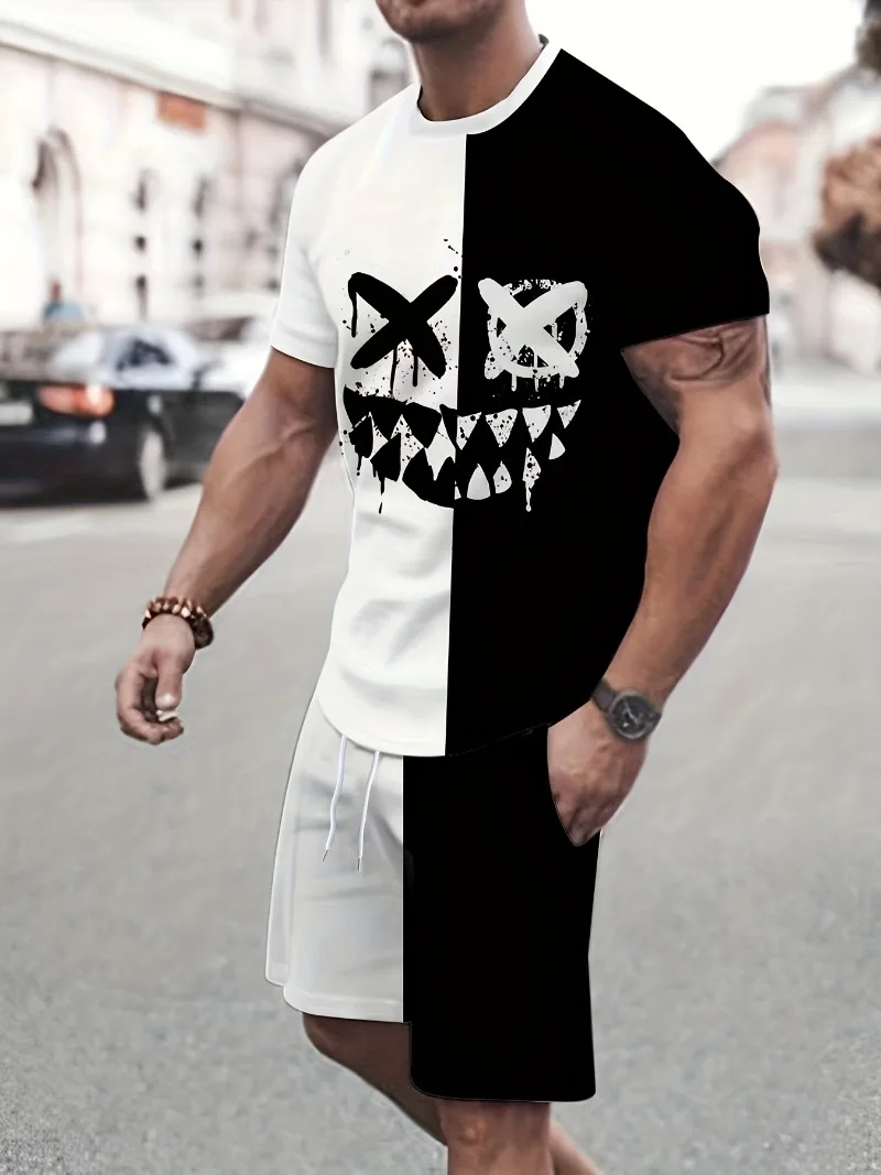Men's Novelty Set Two Funny Trend Grimace Pattern Printed Short Sleeve Shorts Casual Fashion Men Outdoor Street Wear