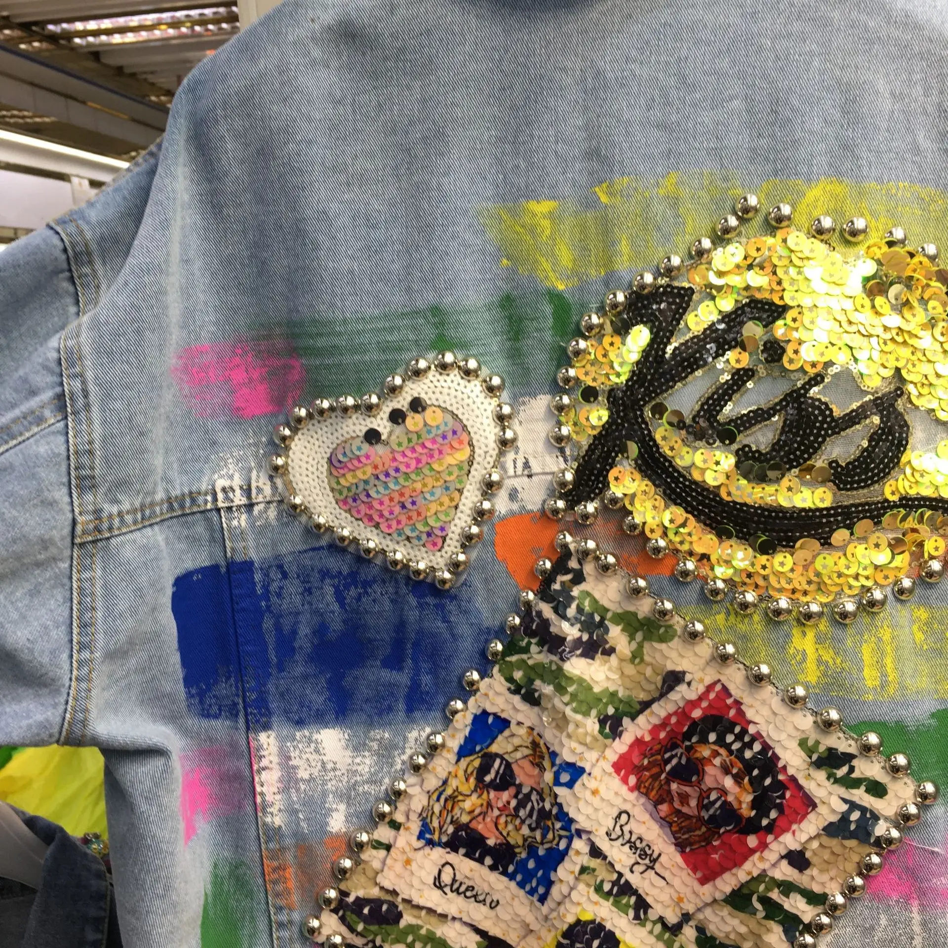 Women's 2024 Autumn/Winter New Spicy Girls Street Fashion Personalized Graffiti Letter Sequin Embroidery Heavy Duty Denim Jacket
