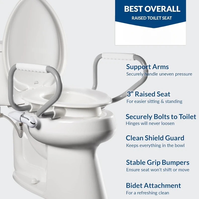 Assurance 3" Raised Toilet Seat with Handles and Bidet Attachment, Clean Shield Guard, Secure Hinges, Elongated, White 2
