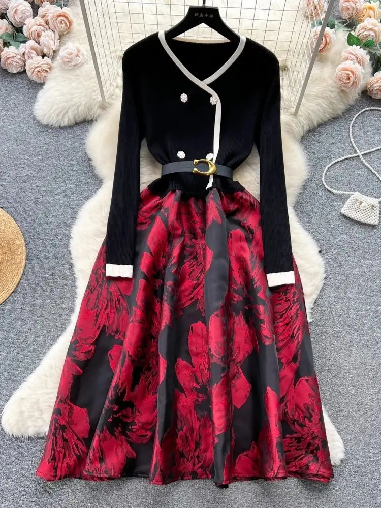 Tie Neck Long Sleeve Elegant Autumn Women Long Double-Breasted Vintage Style High Waist Dresses