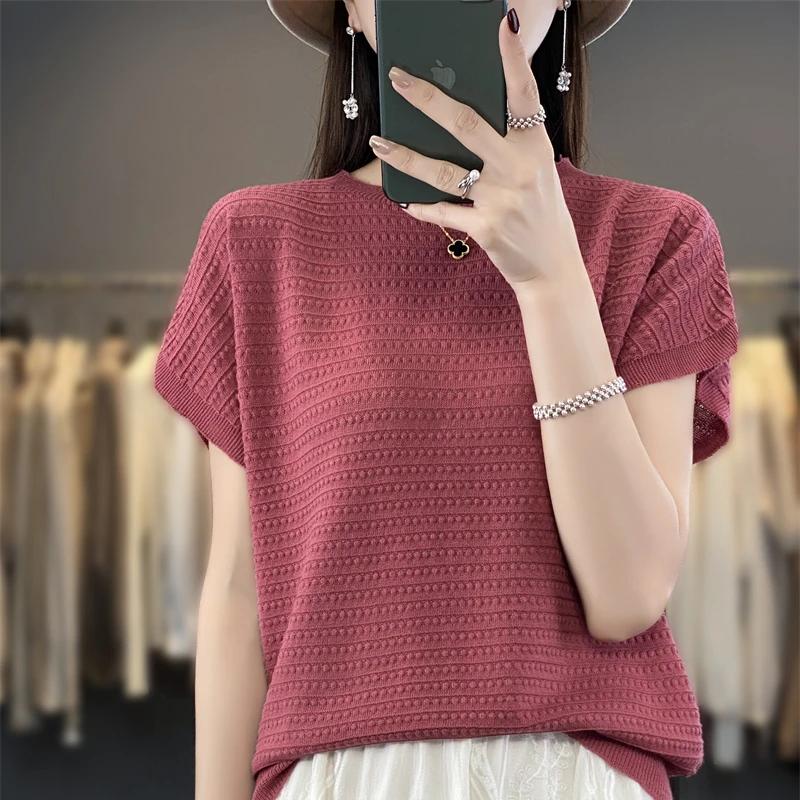 

100% pure cotton women's loose sweater T-shirt knitted O-neck solid color pullover summer casual fashion versatile women's top