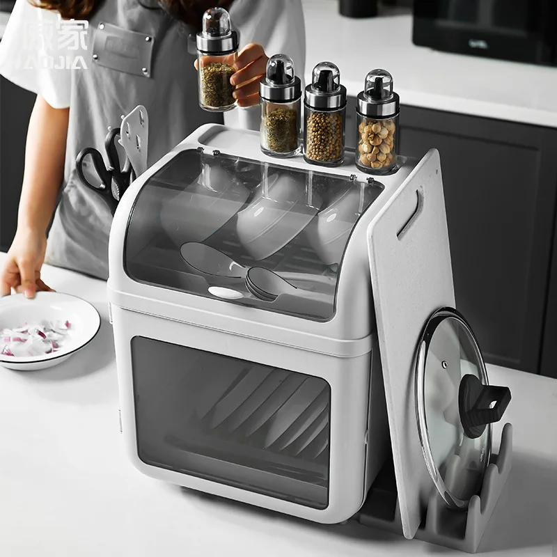 

2023 Multifunctional Tableware Storage Box with Cover Dish Rack Plastic Drain Cupboard Dust Proof Household Kitchen Shelf