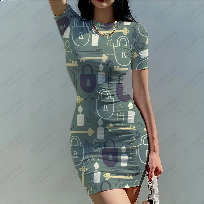 

Women's Short Sleeve Round Neck Skirt with a Sexy and Simple Style, 3D Printed Breathable Casual Dress with Fragmented Flowers