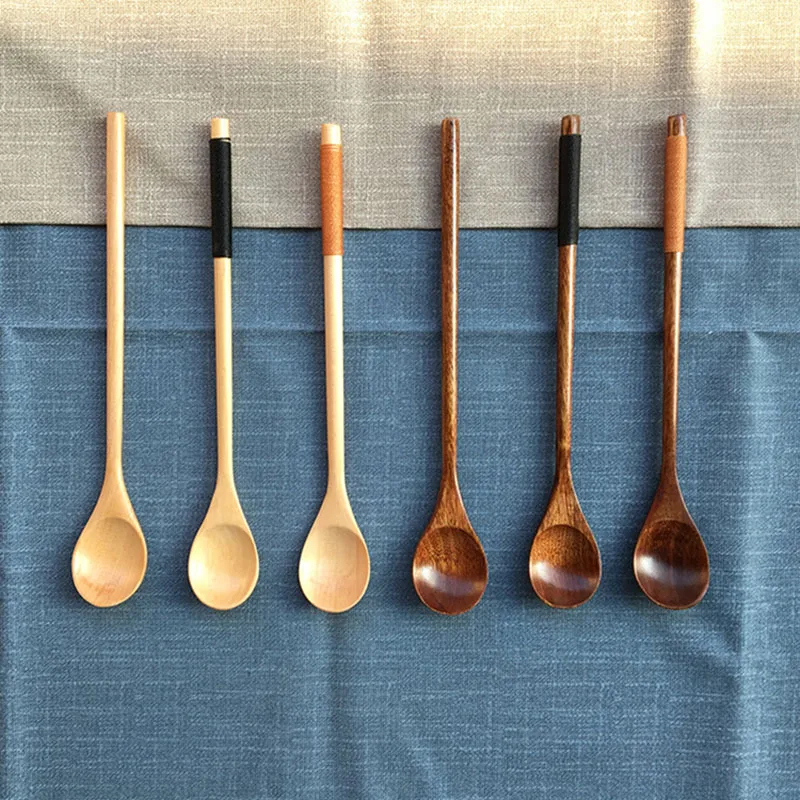 5pcs Japanese-Style Long Handle Wooden Spoon Tea Dessert Spoons for Eating Mixing Stirring Cooking Tableware Kitchen Supplies
