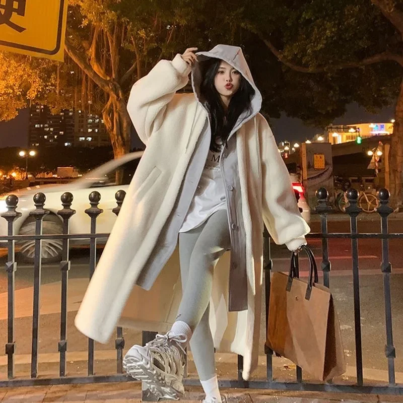 Korean Chic Long Hooded Dress Jacket Lamb Velvet Fashionable Loose Versatile Autumn Winter New Arrival Ins Trendy Outerwear - Image 4