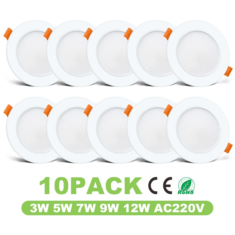Led Downlight Recessed Ceiling Spotlight 10Pcs LED Downlight Recessed Ceiling Spot Lamp 3W 5W 7W 9W 12W AC 220V for Kitchen Bedroom Living Room Home Lighting