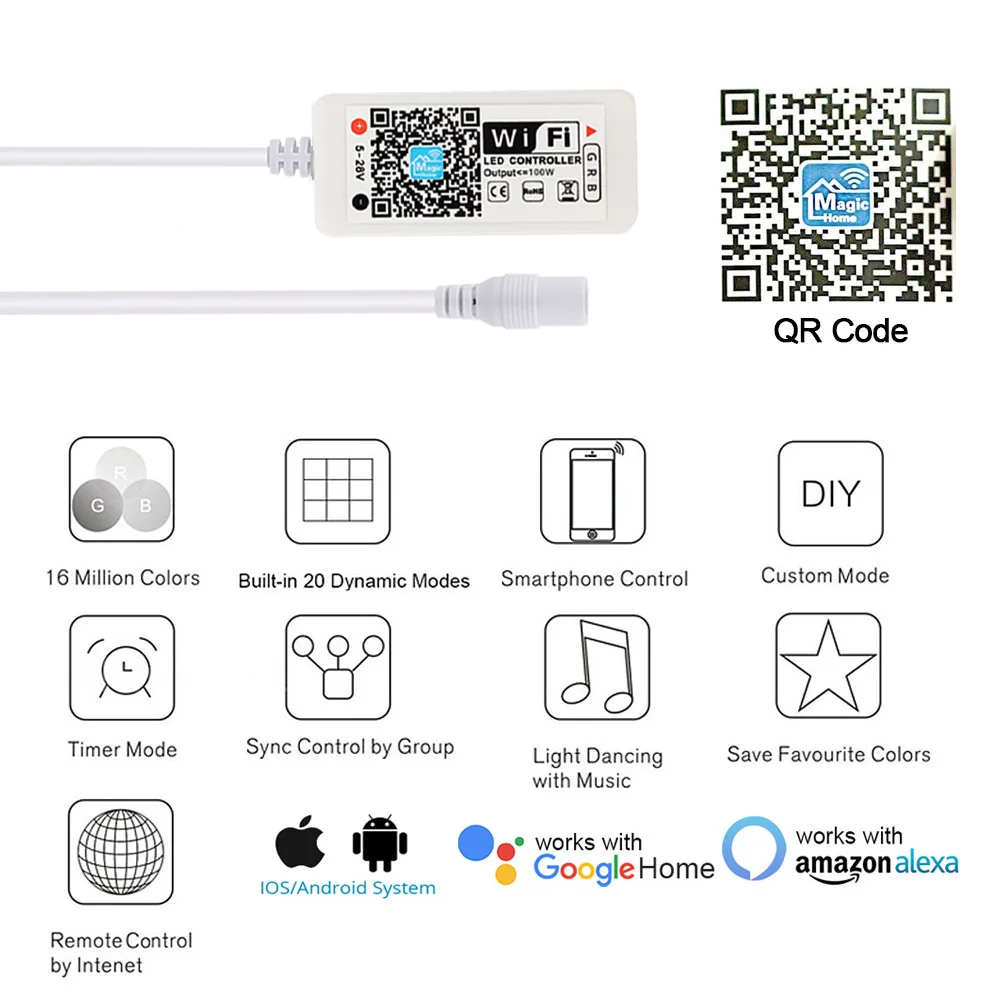 Led Strip Controller IR Controller DC 5V 12V 24V for Panel Timing Function Android IOS APP Google Magic Home RGB WiFi LED Strip Light Bluetooth