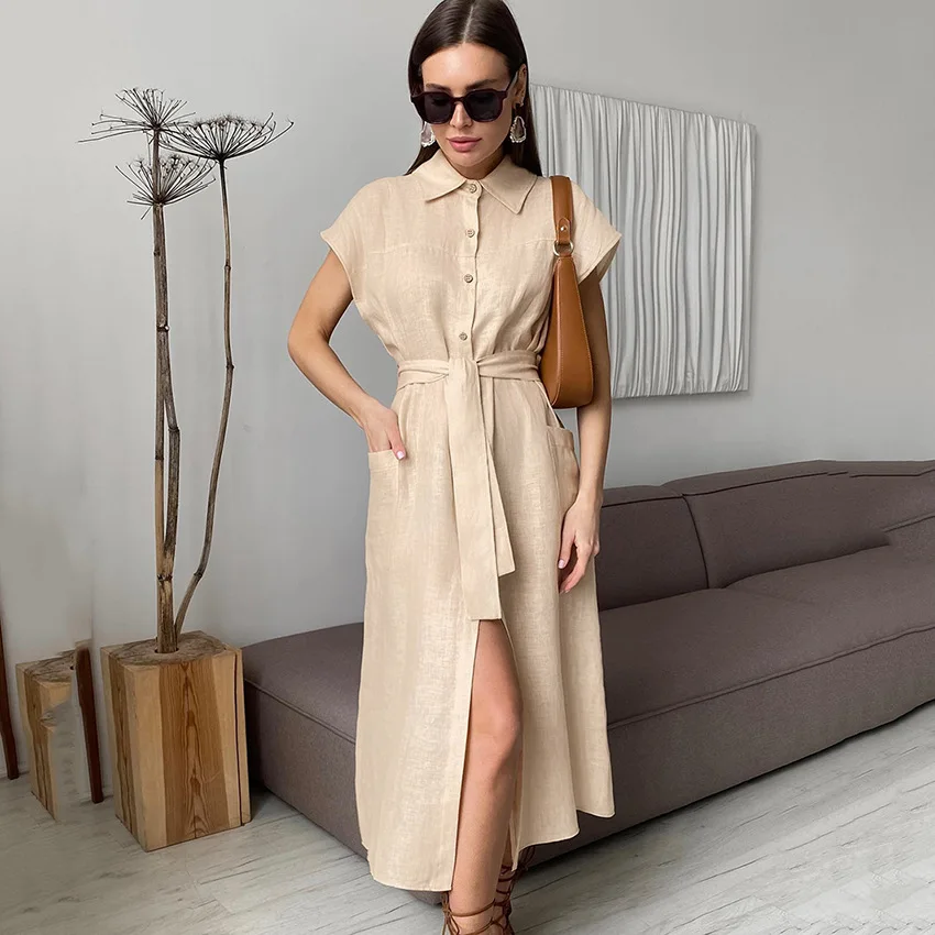 

Casual Women's Clothing 2023 New Commuting Elegant and Generous Lapel Sleeveless Cotton Linen High Waist Slit Straight Dress
