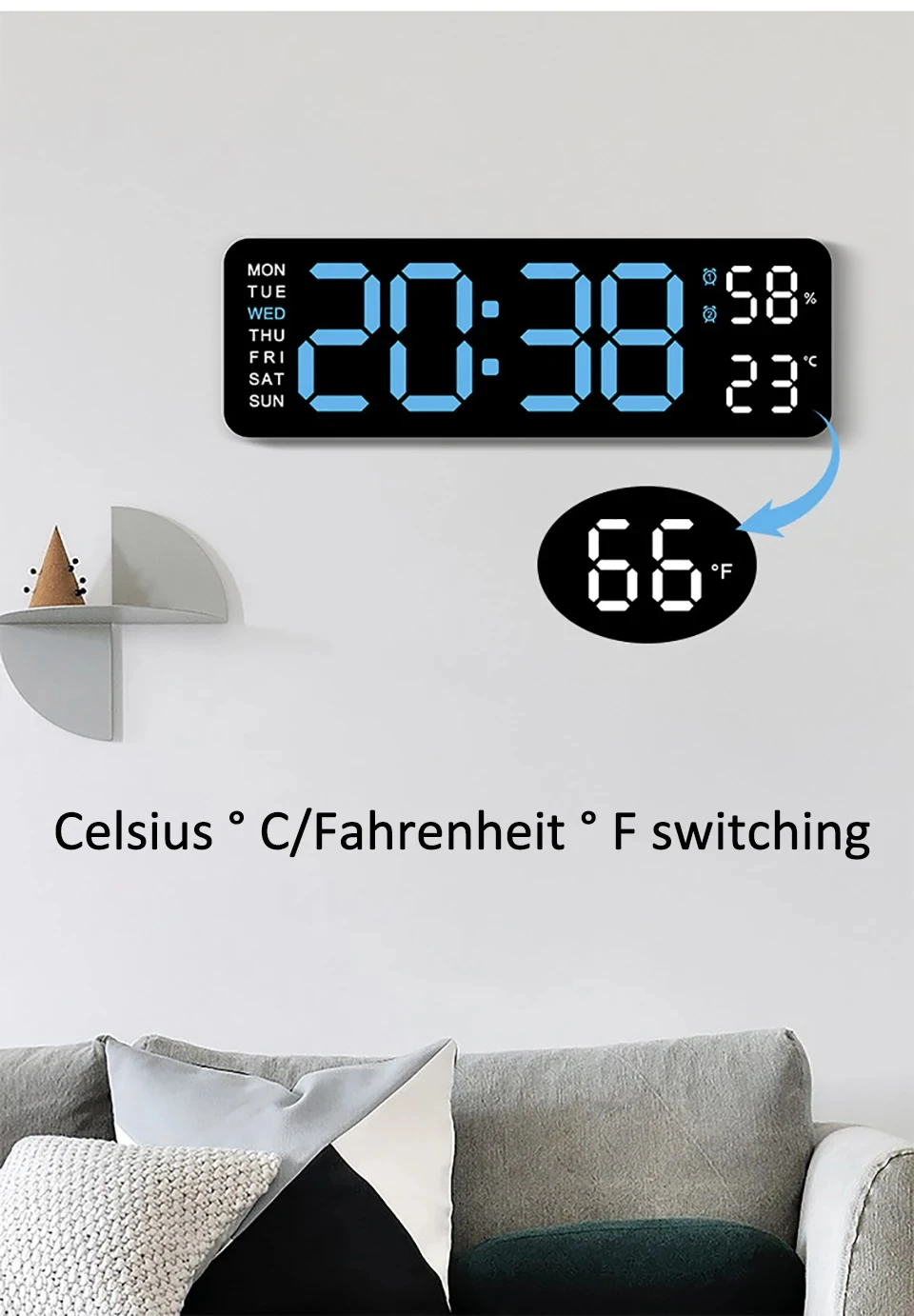 LED Digital Wall Clock Date Time Week Temperature Humidity Display Brightness Adjustable 2-Alarm Electronic Alarm Clock For Home