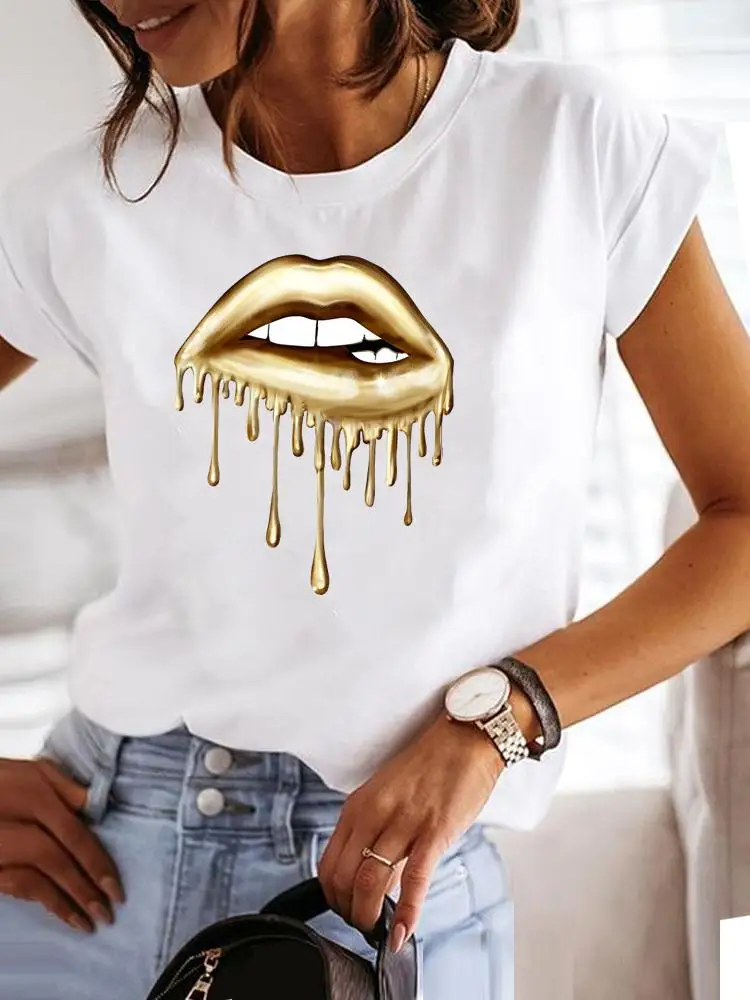 

T Shirt Clothing Tee Women Graphic T-shirt Summer Short Sleeve Lip Style Lovely Trend 90s Print Clothes Fashion Female Top