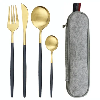 Set di posate da campeggio da viaggio in oro nero da 5 pezzi/set Set di posate riutilizzabili con coltello in metallo cucchiaio forchetta e custodia portatile 1
