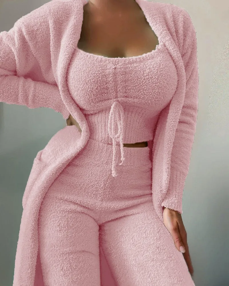 

Women's Fuzzy 3 Piece Lounge Sets Sweatsuits Open Front Cardigan Crop Tank Tops High Waist Pants Outfits 2022 Winter House Wear