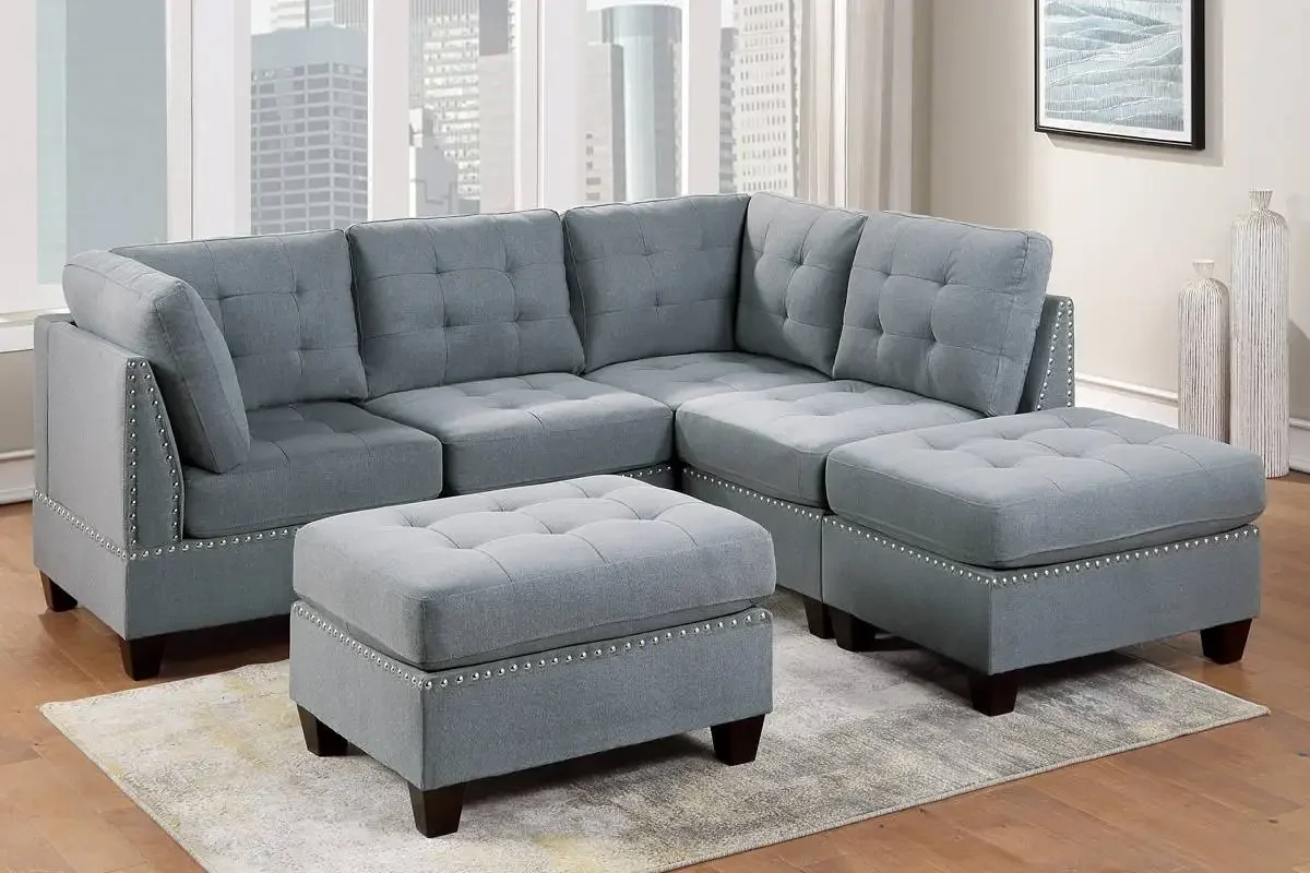 

Living Room Furniture Tufted Corner Wedge Grey Linen Like Fabric 1pc Cushion Nail heads Wedge Sofa Wooden Legs