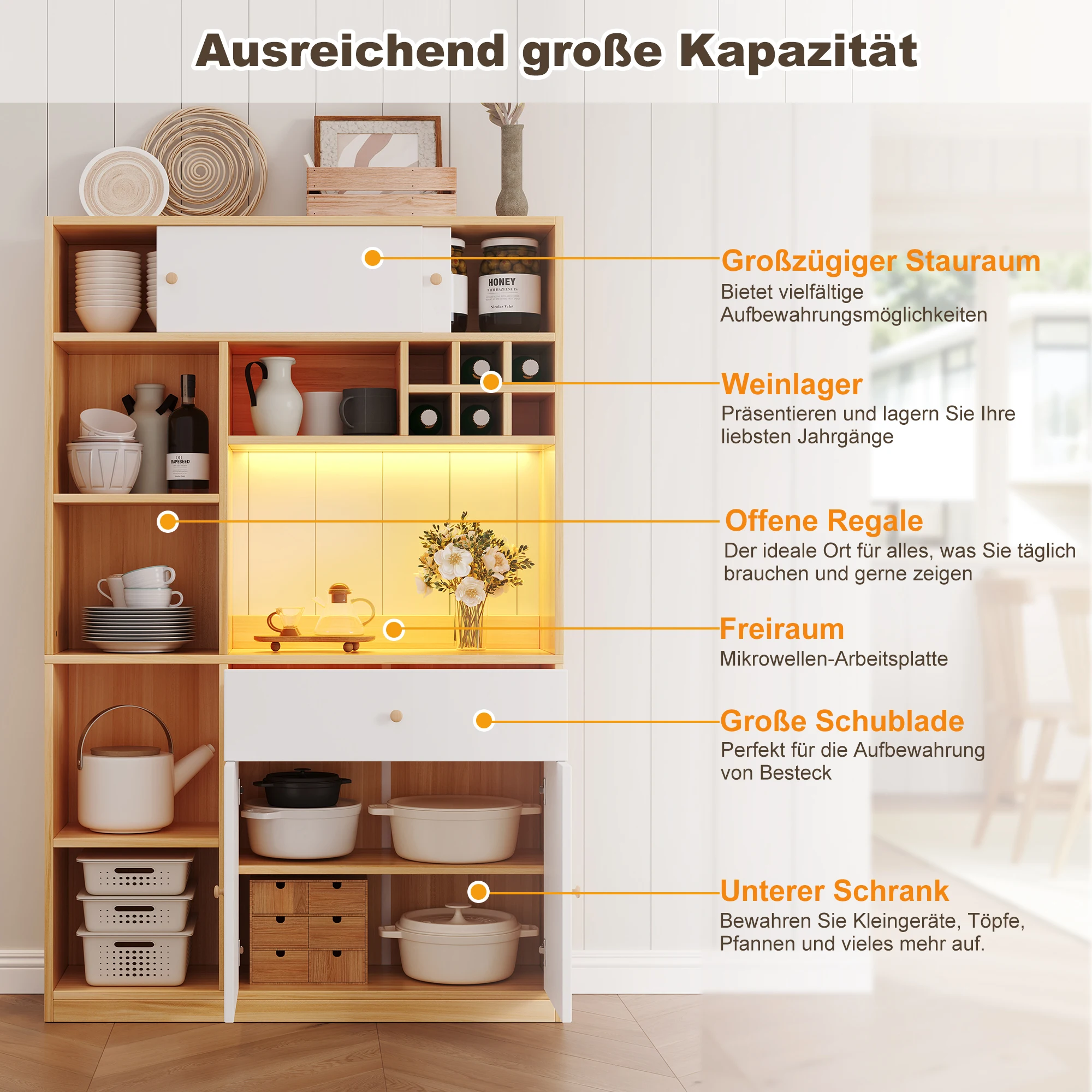 PINGGO Multifunktionaler Küchenschrank mit LED-Beleuchtung im Buffet-Stil 3-Türiger Stauraum für Mikrowelle und Besteck Naturfarben – Detail 3