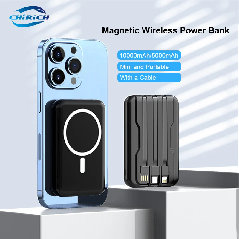 

10000mAh 5000mAh Power Bank Magnetic Wireless Spare Battery Built-in TYPE-C Cable Portable Powerbank For Iphone 14 Xiaomi Huawei