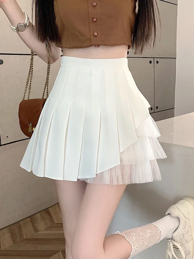 

2024 New White Mesh Patchwork A-line Slim Fit Skirt Casual Women Summer Short Skirt Fresh Sweet Irregular High Waist Mini Skirts