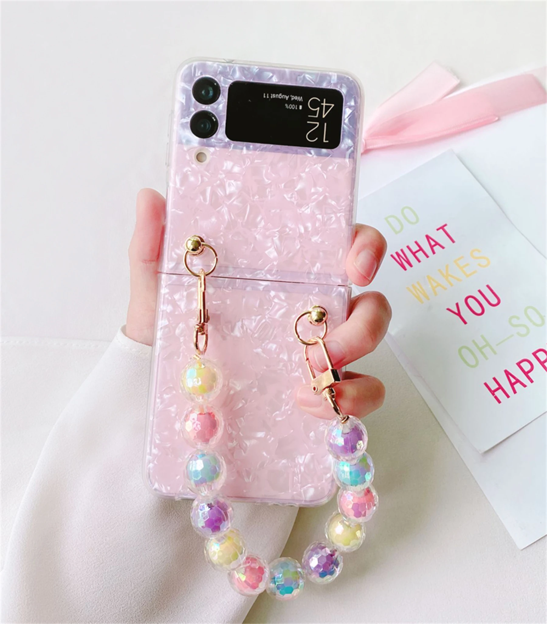 galaxy z flip3 phone case Luxury Korean Rainbow Beads Wrist Bracelet Pink Shell Phone Case for Samsung Galaxy Z Flip 3 5G Z Flip3 Zflip3 Flip 4 Back Cover case for galaxy z flip3