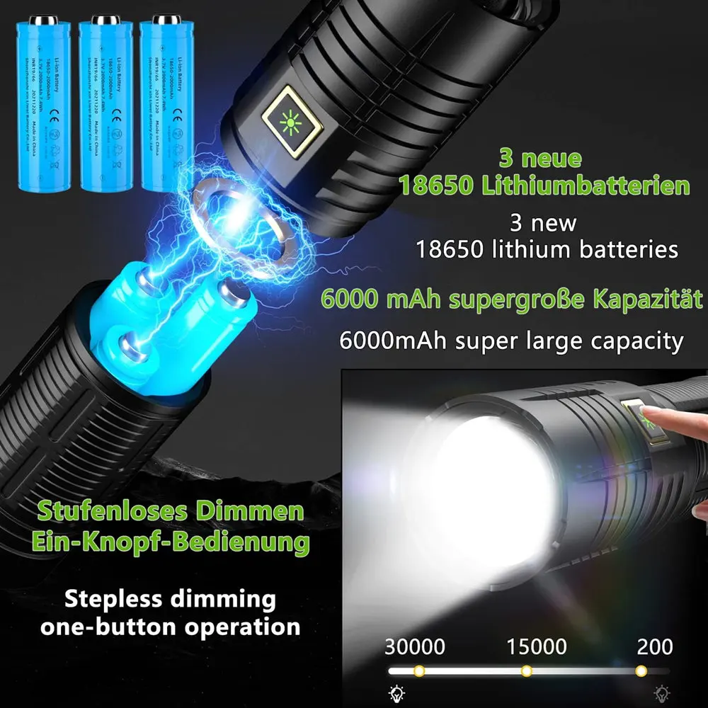 밝은 30000 루멘 LED 토치, 매우 USB 충전식, IPx67 방수 전술 토치, 캠핑 비상 상황