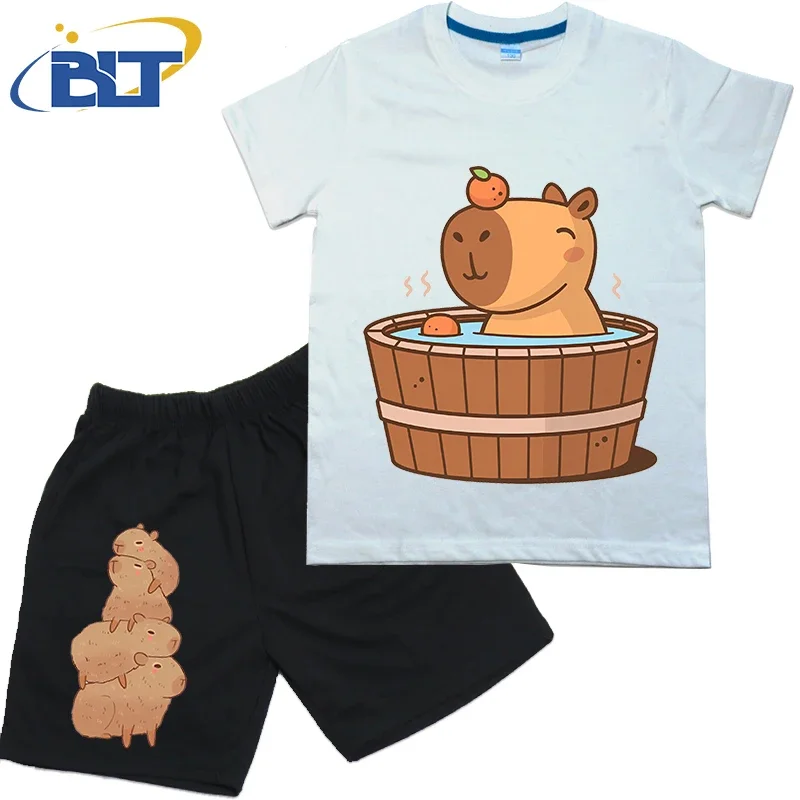 Capybara in hot tub printed kids T-shirt set summer pure cotton short-sleeved shorts 2-piece set for boys and girls