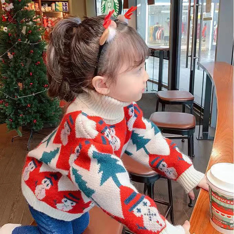 

Christmas Girls Sweater 2023 Autumn Winter Cartoon Snowman Pattern High Collar Thicken Keep Warm Knitwear For 2-7 Years Old Kids