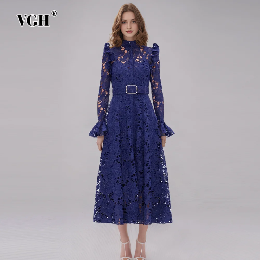

VGH Solid Patchwork Embroidery Dresses For Women Stand Collar Flare Sleeve High Waist Spliced Belt Hollow Out Dress Female New