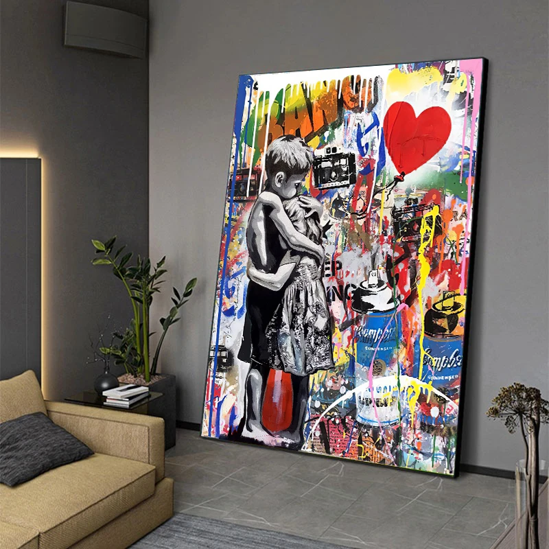 Banksy Graffiti schilderijen, Couple Boy Girl, Be Beautiful, 3-delige prints op canvas, ingelijste woondecoratie, klaar om op te hangen, 150 x 50 cm (b x h) : Banksy