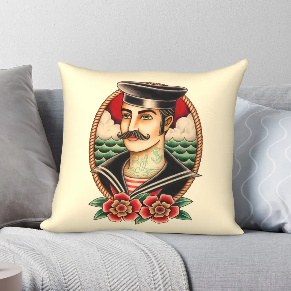 

Sailor Tattoo Pillowcase Polyester Linen Velvet Creative Zip Decor Pillow Case Home Cushion Cover