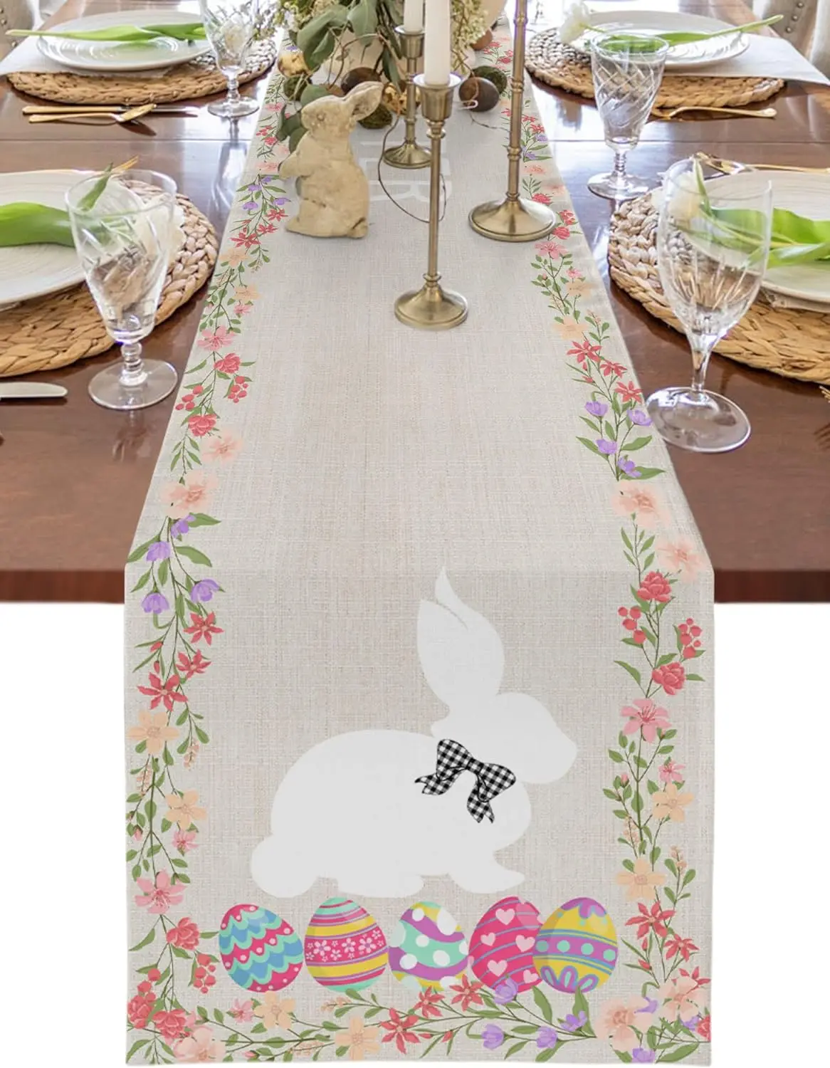 

Easter Rabbit Eggs Spring Pink Floral Linen Table Runners Bunny Dresser Scarf Decor for Kitchen Dinner Table Party Decoration