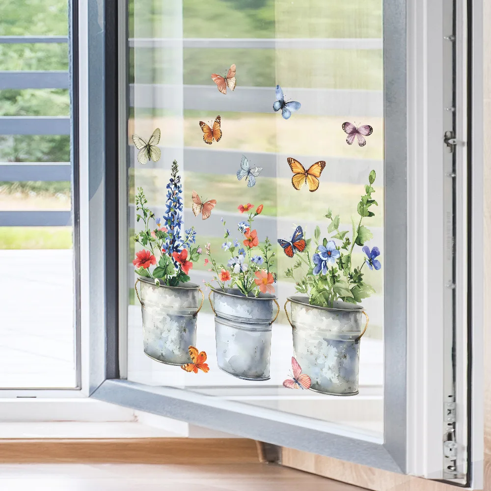 Window Stickers 1PCS Art Iron Bucket Flower Pot Butterfly Glass Doors Windows Home Beautify Uv Static Electricity