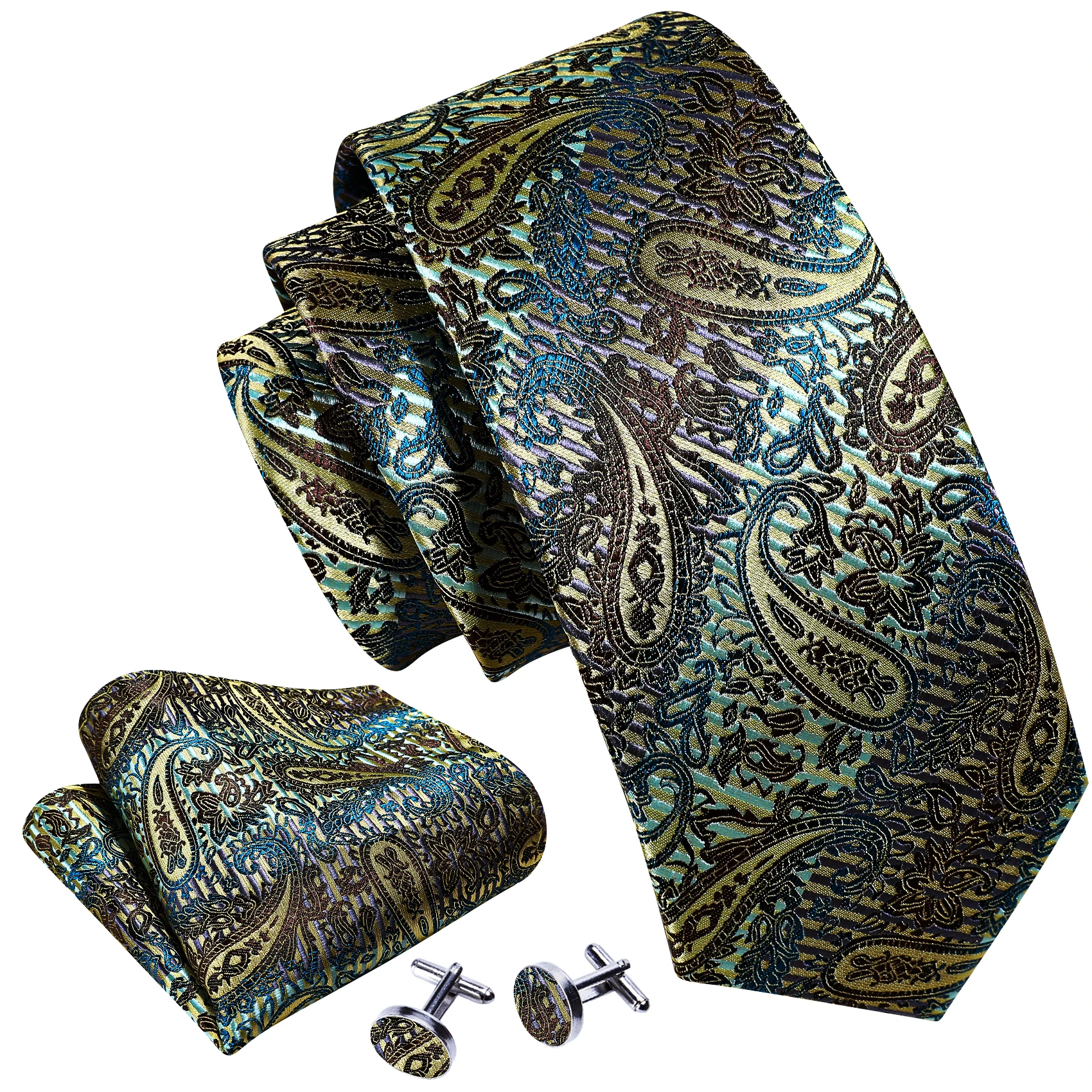 

Novelty Teal Brown Mens Ties Luxury Brand Fashion Silk Paisley Handkerchief Cufflinks Sets Groom Wedding Party Gifts Barry.Wang
