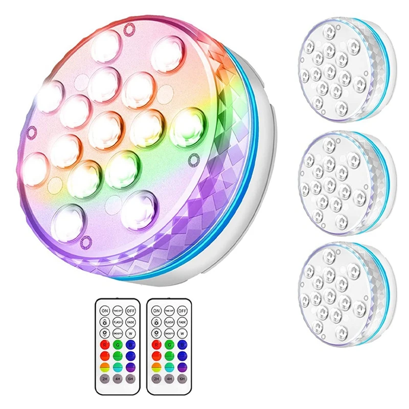 

Submersible LED Lights With Remote , Pool Lights Waterproof 15 Led Beads 16 RGB Color, Underwater Led Lights-4 Packs