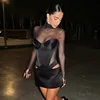 Sexy Mesh Hollow Out Turtleneck Corset Stain Black Short Dress for Women Long Sleeve Party Evening Mini Curvy Pink White Dresses 1