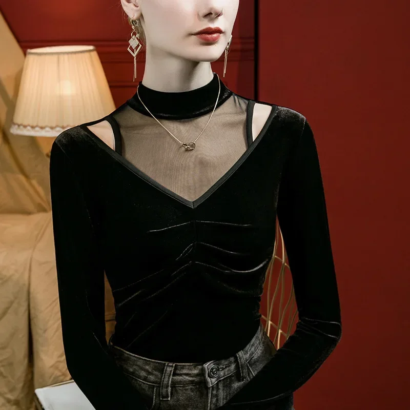 

Autumn Winter Stand Collar Velvet Long Sleeve Women T-shirts Lace Perspective Round Neck Black Tops Female Sexy Bottoming Tees