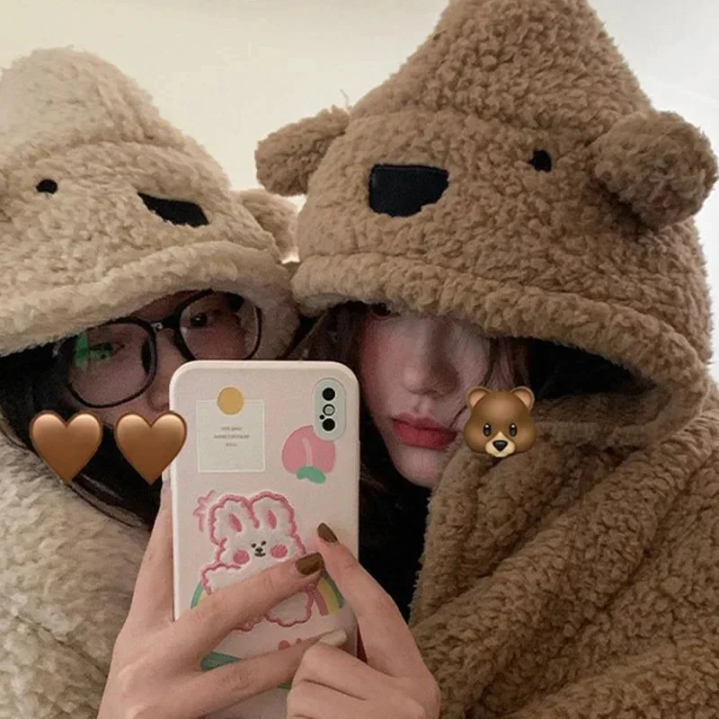 

Wearable Coral Fleece Shawl Cape With Hooded Cute Bear Fleece Air Conditioning Hooded Blanket For Office Shawl Blanket Cape