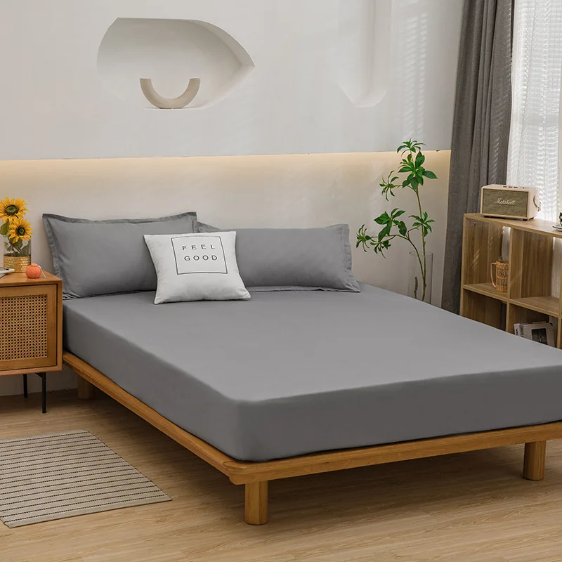 

Solid Color Washed Cotton Fitted Sheet Three Piece Set Mattress Protection Bed Cover Comfortable Breathable Bedspread on The Bed