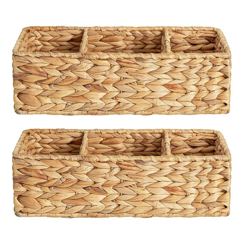 

3-Section Wicker Baskets Storage Basket Wicker Storage Basket For Shelves, Hand-Woven Water Hyacinth Storage Baskets, 2-Pack
