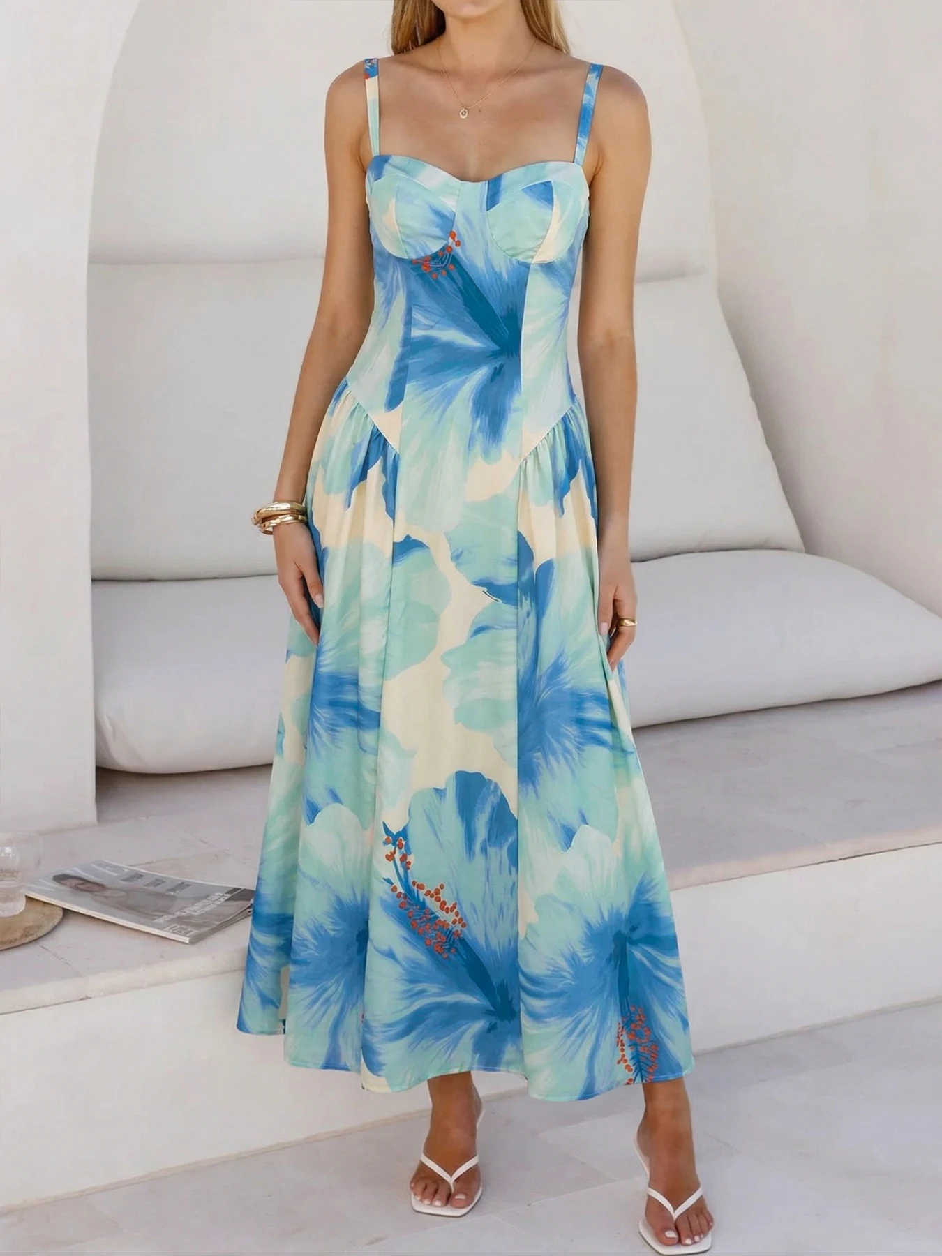 2026 summer new style, a fresh style women's long dress, printed belted halter dress, suitable for vacations