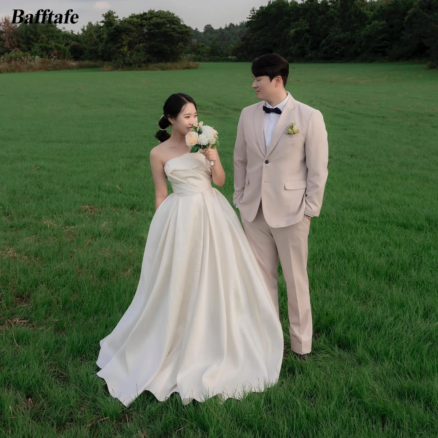 

Bafftafe A Line Satin Korea Bride Wedding Dresses Simple Pleat Strapless Formal Wedding Photoshoot Dress Long Bridal Gowns 2024