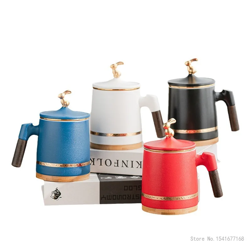 Creative Ceramic Tea Cup with Cover, Chinese Style Home Office Supplies, Handle, Tea Water Filter Separation Mug, Box Gifts, 1Pc