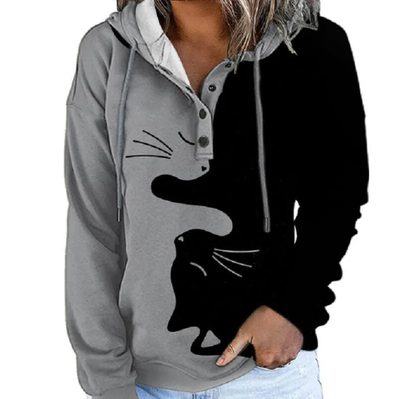 Streetwear Hoodies Women Sweatshirt Autumn Long Sleeve Hoodies Harajuku Hoodie Cute Cat Print Button Y2k Clothes Fashion Hoodies