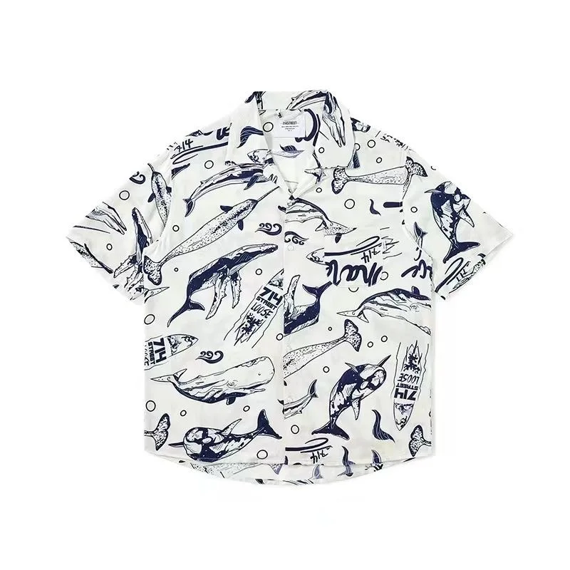 Men Street Fashion Summer Daily Shirt Hawaiian Cartoon Print Casual Loose Shirts Short Sleeve Beach Loose Tops 4