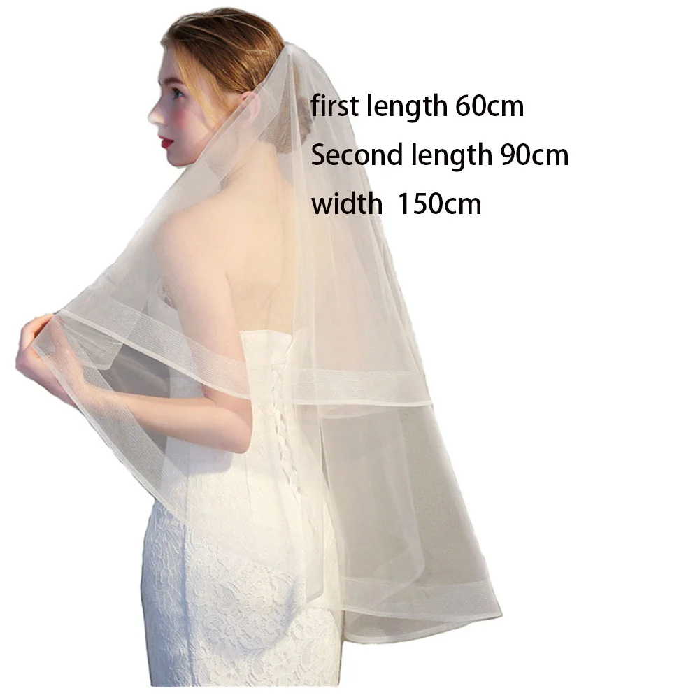 Simple short double layered headscarf bride wedding dress accessory with hair comb and elastic mesh