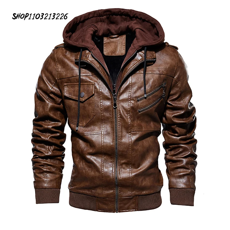 

Hooded Faux Leather Jackets Men Hat Detachable Autumn Winter Motorcycle Men's PU Coats Biker Cool Clothing Male M-5XL DDBE-T14