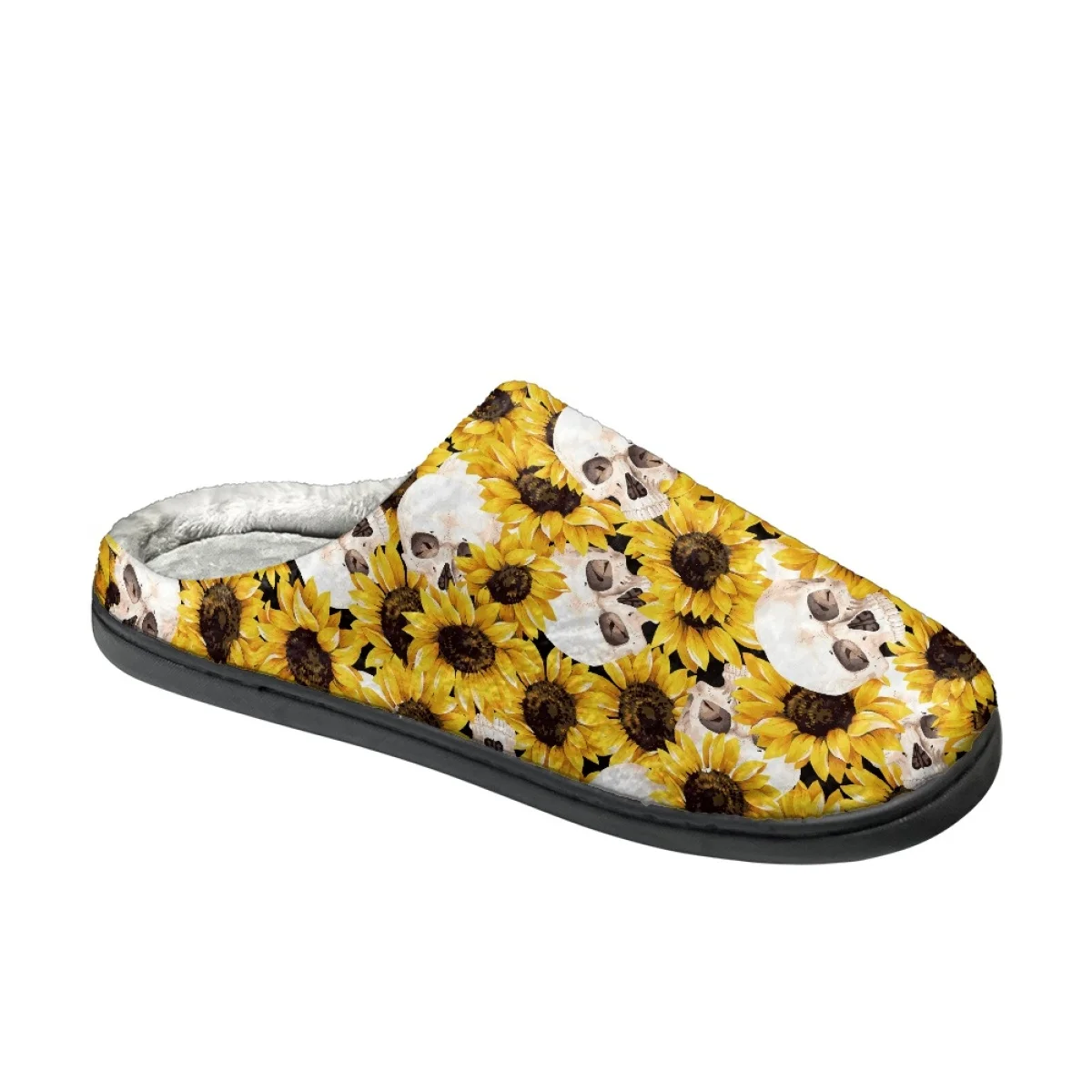 Winter Couple Women Home Footwear Sunflower with Skukll Design Indoor Cotton Slippers Warm Cozy Non-Slip Slippers Zapatos Mujer