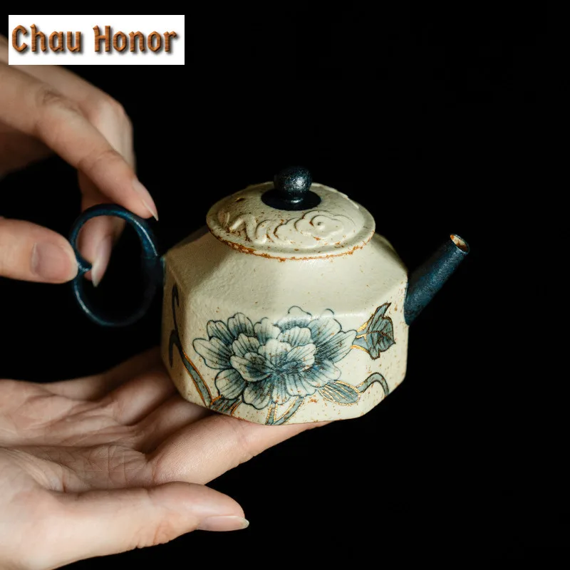 125ml Blue And White Flint Red Octagonal Teapot Handmade Gold Drawing Peony Flower Pot Tea Maker Kettle Kung Fu Teaware Gift